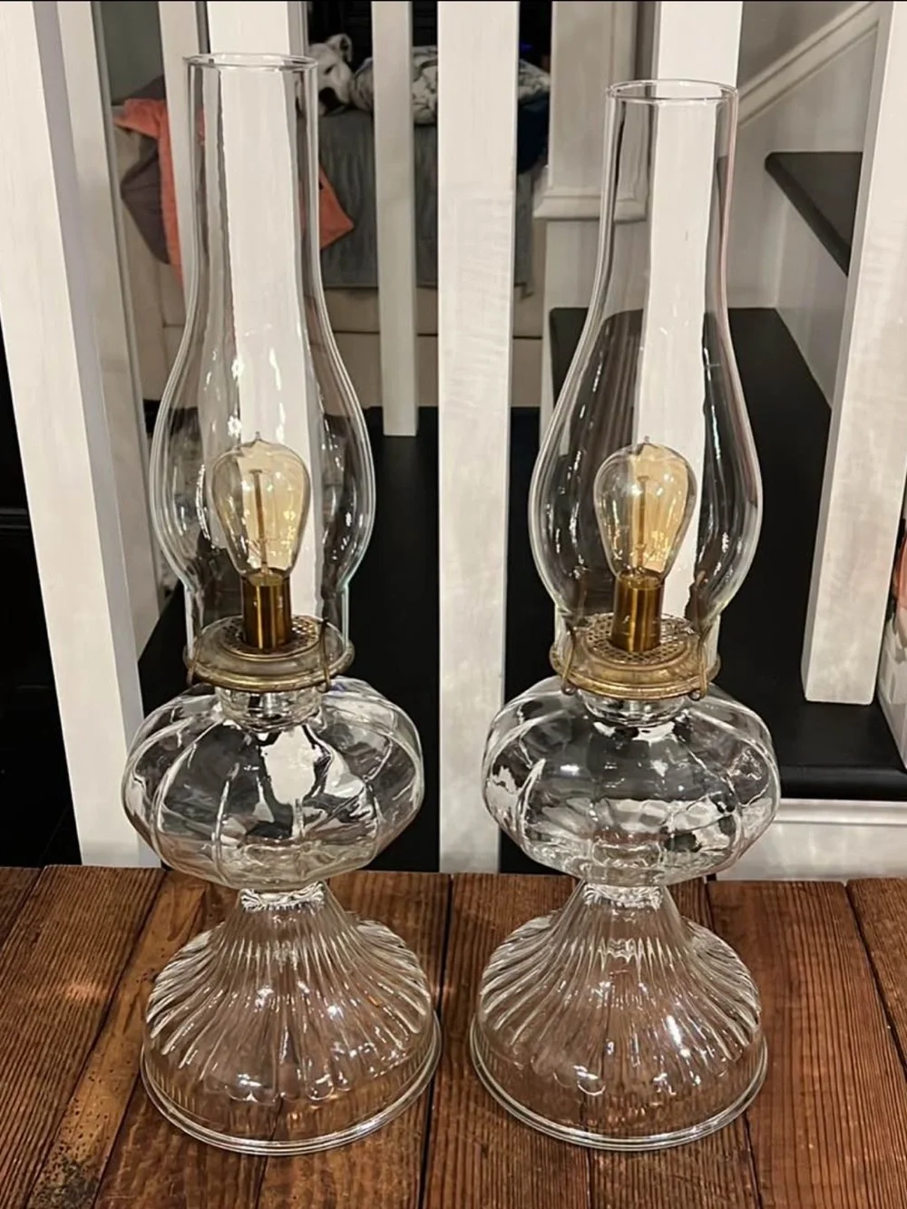 Pair of vintage clear glass converted oil lamps
